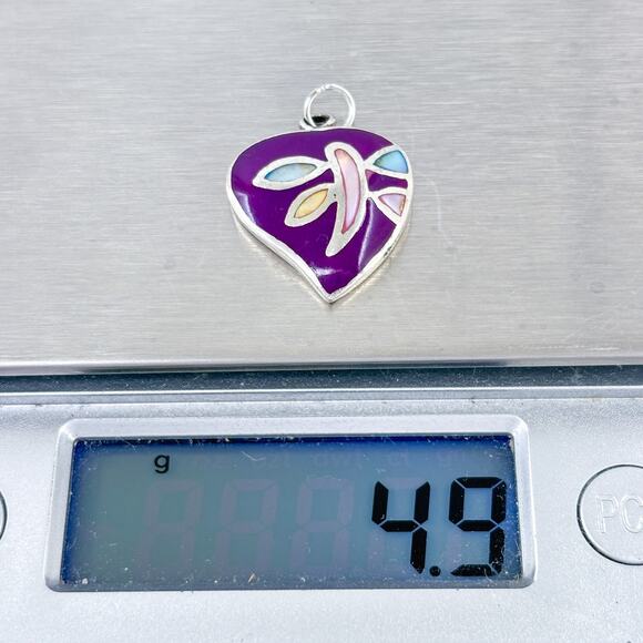 Vintage Sterling Silver 925 Dyed Mother Of Pearl Purple Enamel Heart Pendant - Picture 8 of 8